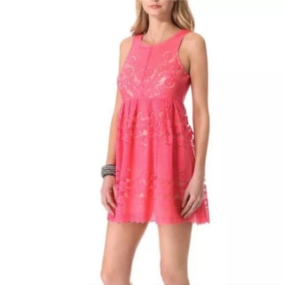 Free People Rocco Coral Lace Fit & Flare Mini Dress Open Back Sleeveless Sz 6 - Picture 4 of 16